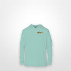 Seafoam "Jew fish" mahi sun hoodie, front view: small mahi chest mark