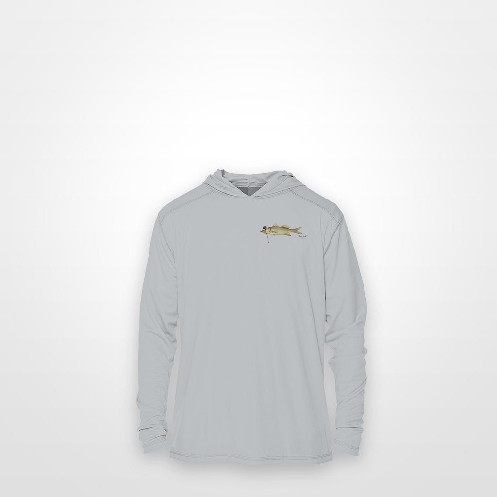 Light Grey "Jew fish" snook sun hoodie, front view: small snook chest mark
