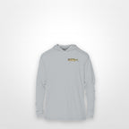 Light Grey "Jew fish" snook sun hoodie, front view: small snook chest mark
