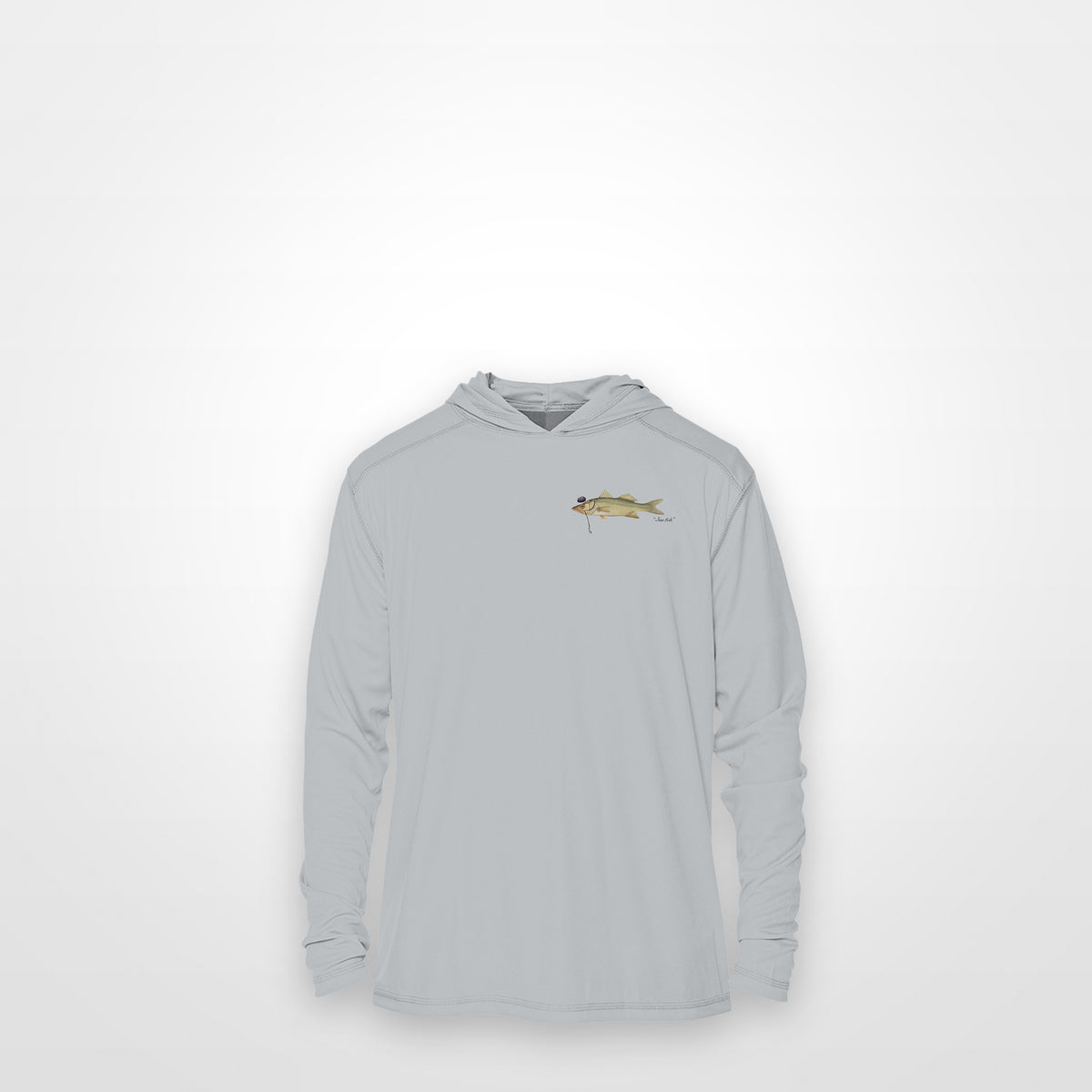 Light Grey "Jew fish" snook sun hoodie, front view: small snook chest mark