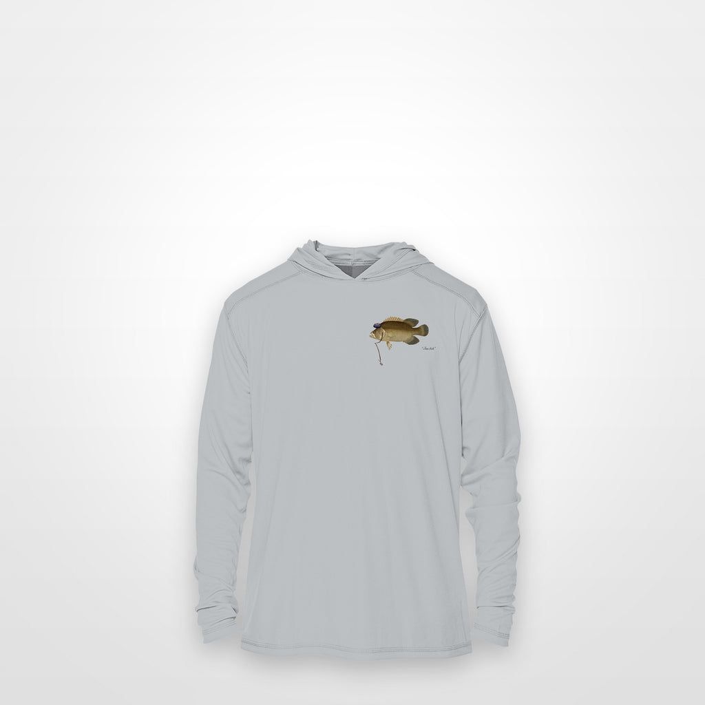 Light Grey "Jew fish" tripletail sun hoodie, front view: small tripletail chest mark