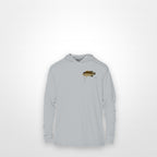 Light Grey "Jew fish" tripletail sun hoodie, front view: small tripletail chest mark
