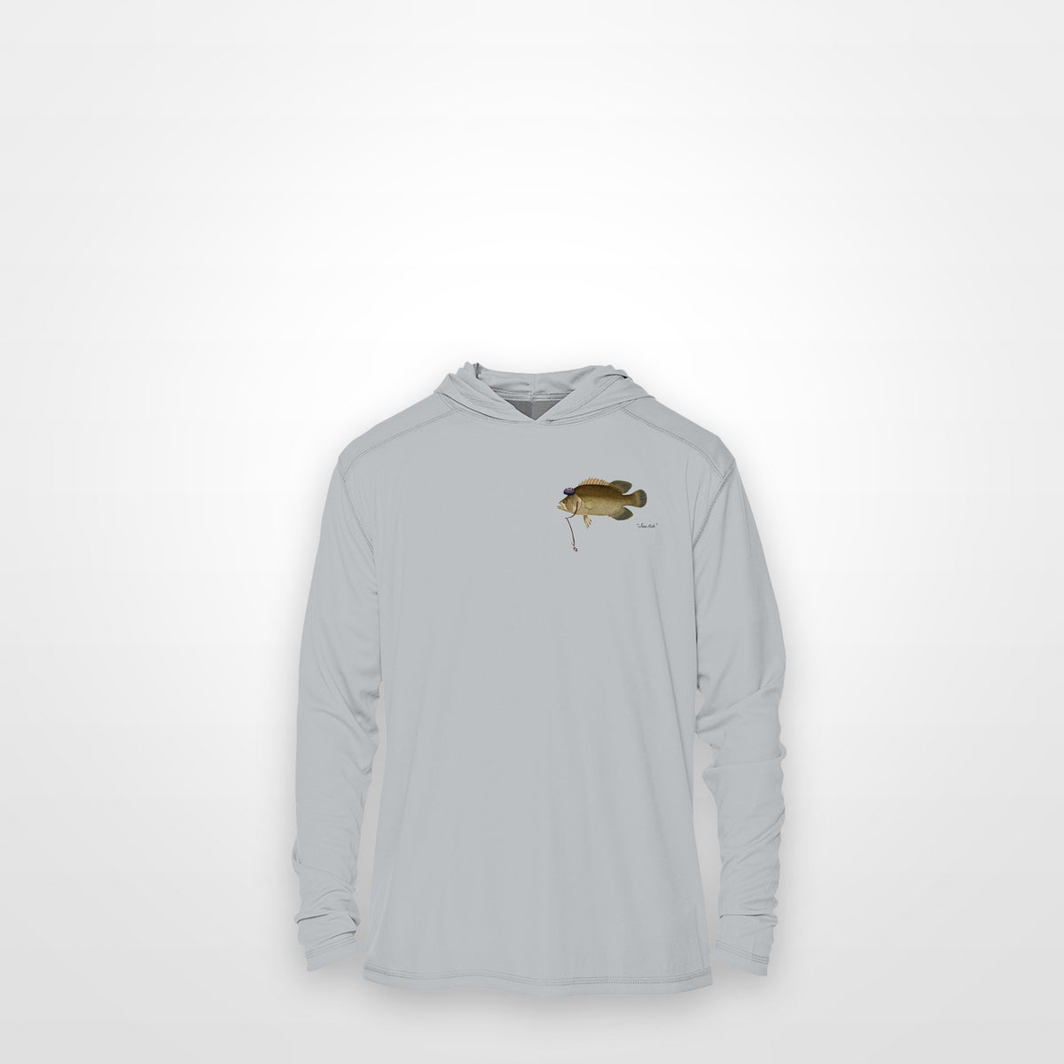 Light Grey "Jew fish" tripletail sun hoodie, front view: small tripletail chest mark