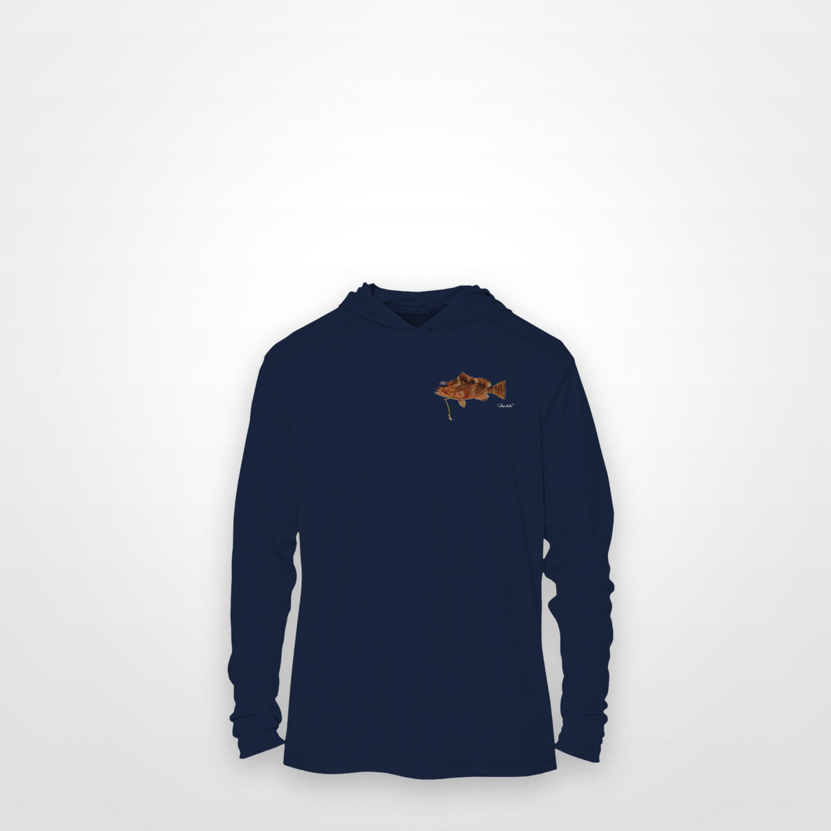 Navy "Jew fish" red grouper sun hoodie, front view: small red grouper chest mark