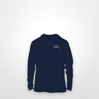 Navy "Jew fish" sailfish sun hoodie, front view: small sailfish chest mark