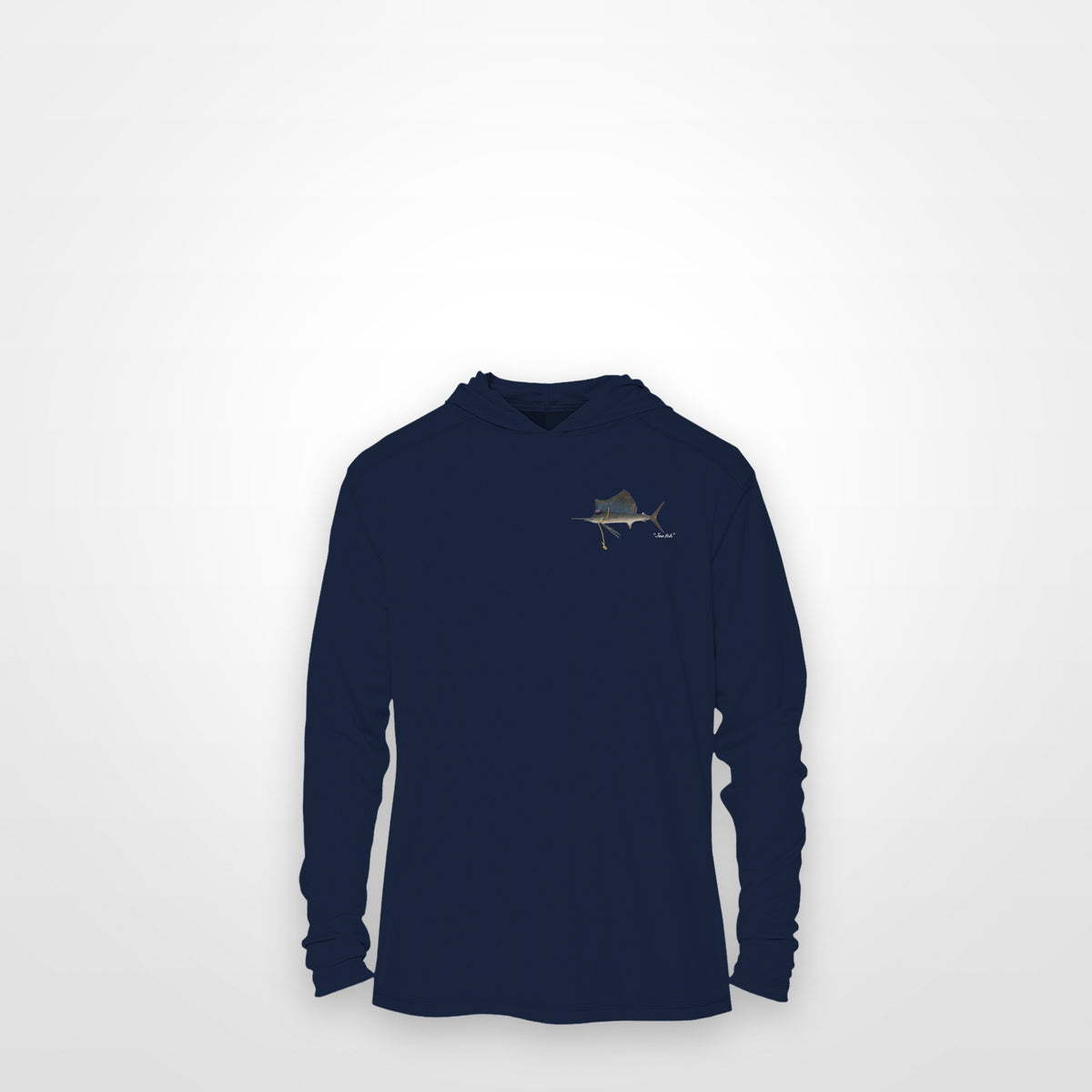 Navy "Jew fish" sailfish sun hoodie, front view: small sailfish chest mark