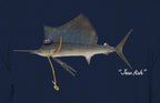 Close-up of the sailfish print on navy fabric: kippah, Star of David chain, Jew fish script