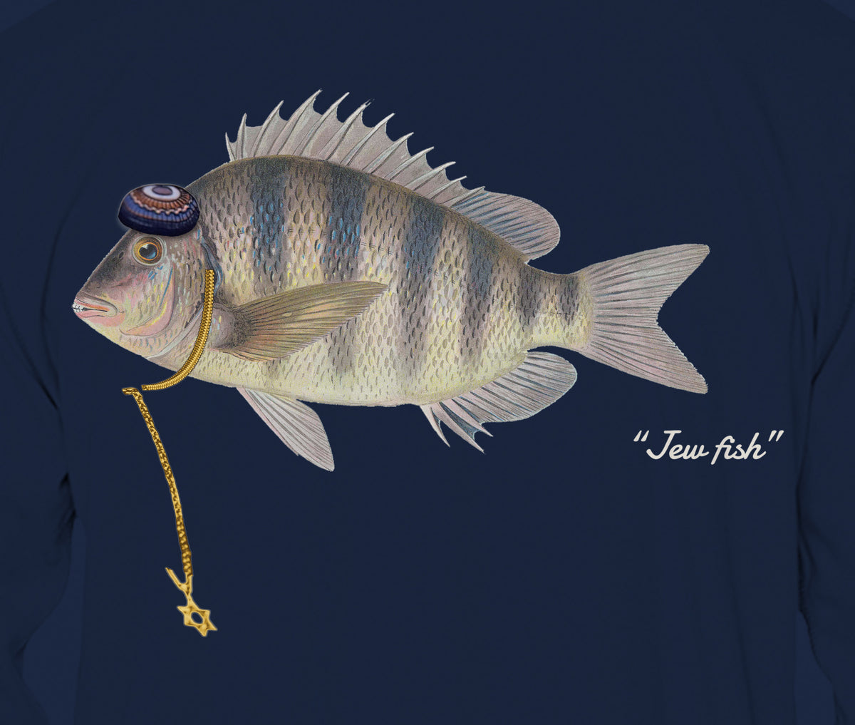 Close-up of the sheepshead print on navy fabric: kippah, Star of David chain, Jew fish script