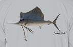 Close-up of the sailfish print on light grey fabric: kippah, Star of David chain, Jew fish script