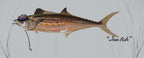 Close-up of the Spanish mackerel print on light grey fabric: kippah, Star of David chain, Jew fish script