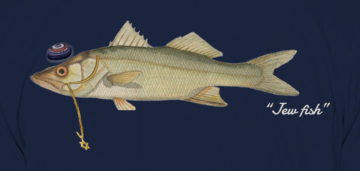 Close-up of the snook print on navy fabric: kippah, Star of David chain, Jew fish script