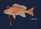 Close-up of the red snapper print on navy fabric: kippah, Star of David chain, Jew fish script