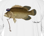 Close-up of the tripletail print on white fabric: kippah, Star of David chain, Jew fish script
