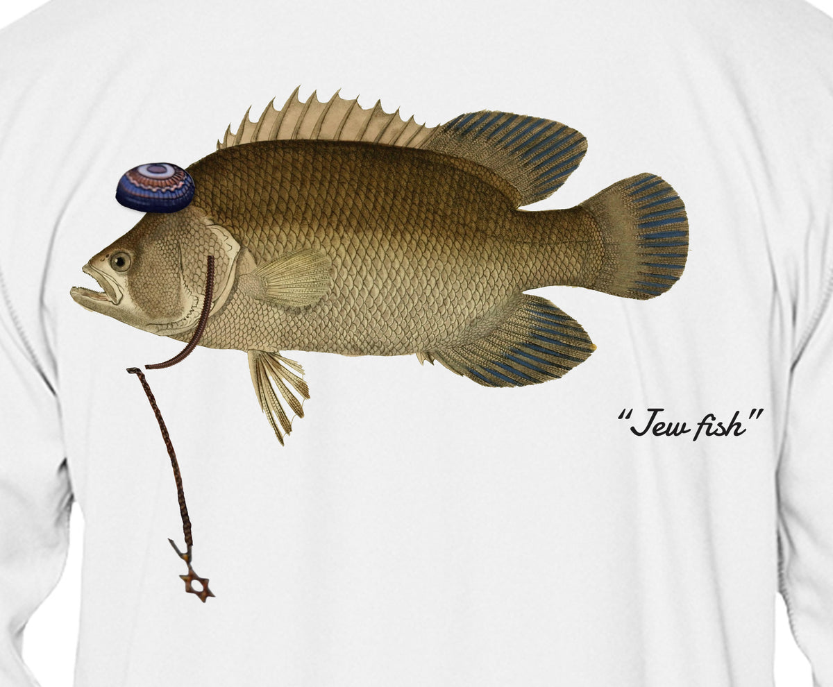 Close-up of the tripletail print on white fabric: kippah, Star of David chain, Jew fish script
