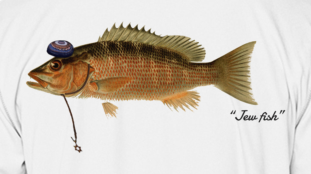 Close-up of the mangrove snapper print on white fabric: kippah, Star of David chain, Jew fish script