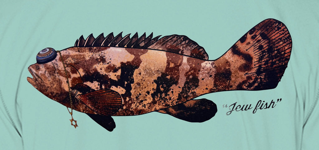 Close-up of the Goliath grouper print on seafoam fabric: kippah, Star of David chain, Jew fish script