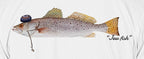 Close-up of the speckled trout print on white fabric: kippah, Star of David chain, Jew fish script