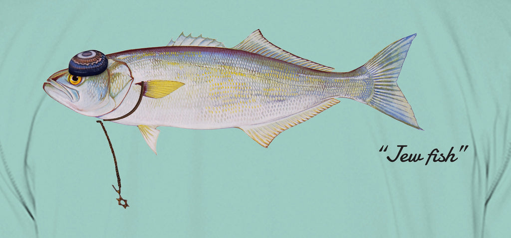 Close-up of the bluefish print on seafoam fabric: kippah, Star of David chain, Jew fish script