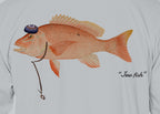 Close-up of the red snapper print on light grey fabric: kippah, Star of David chain, Jew fish script
