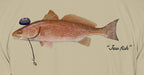 Close-up of the redfish print on sand fabric: kippah, Star of David chain, Jew fish script