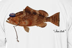 Close-up of the red grouper print on white fabric: kippah, Star of David chain, Jew fish script