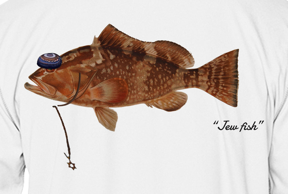 Close-up of the red grouper print on white fabric: kippah, Star of David chain, Jew fish script