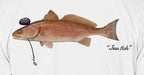 Close-up of the redfish print on white fabric: kippah, Star of David chain, Jew fish script