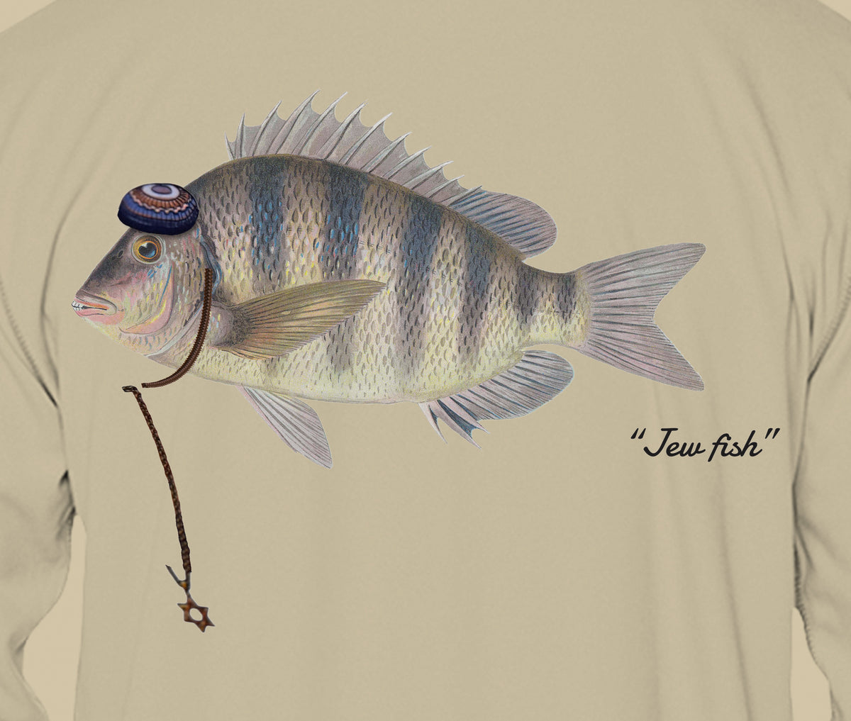 Close-up of the sheepshead print on sand fabric: kippah, Star of David chain, Jew fish script