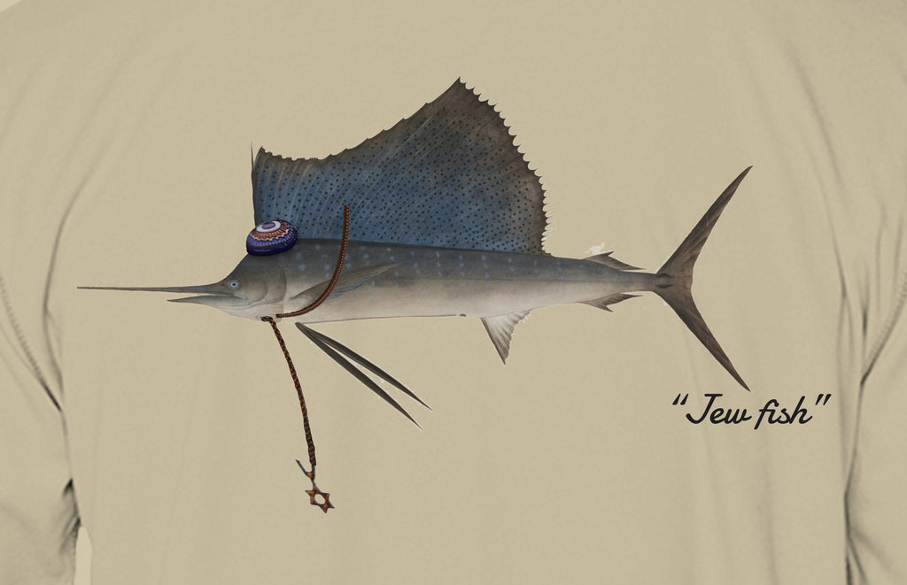 Close-up of the sailfish print on sand fabric: kippah, Star of David chain, Jew fish script