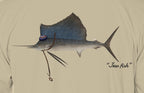 Close-up of the sailfish print on sand fabric: kippah, Star of David chain, Jew fish script