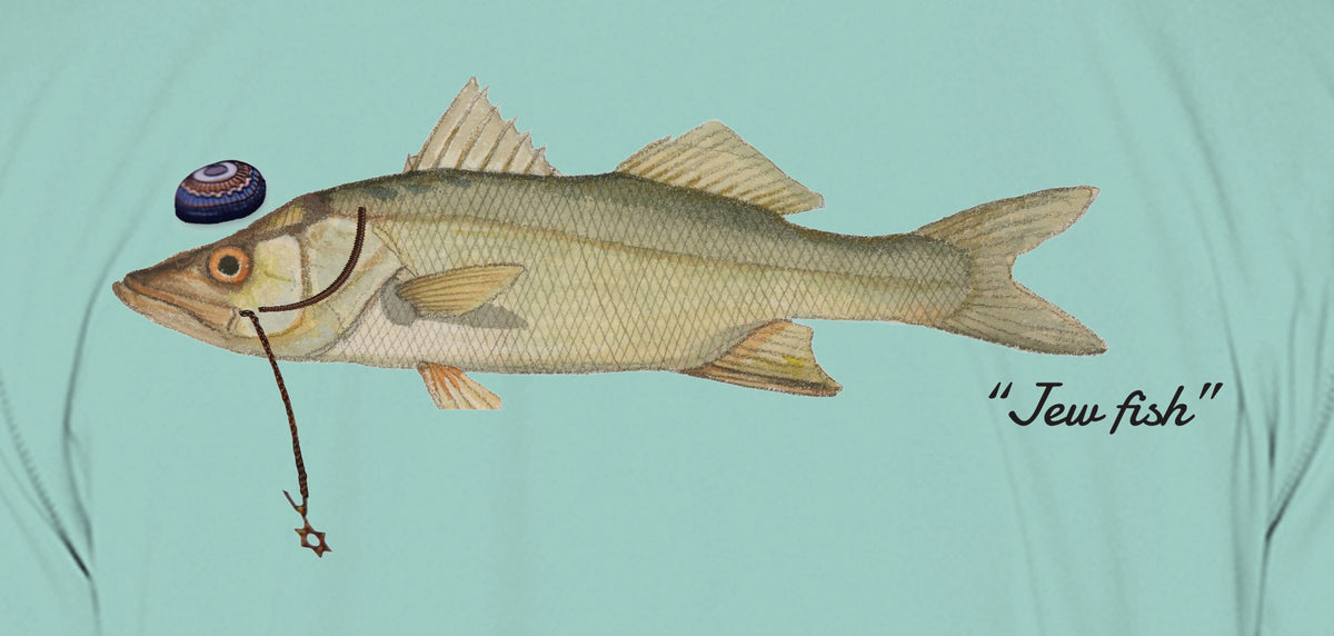 Close-up of the snook print on seafoam fabric: kippah, Star of David chain, Jew fish script