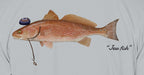 Close-up of the redfish print on light grey fabric: kippah, Star of David chain, Jew fish script