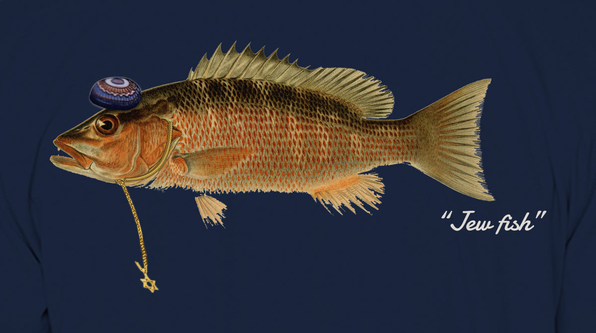 Close-up of the mangrove snapper print on navy fabric: kippah, Star of David chain, Jew fish script