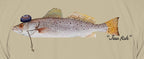 Close-up of the speckled trout print on sand fabric: kippah, Star of David chain, Jew fish script