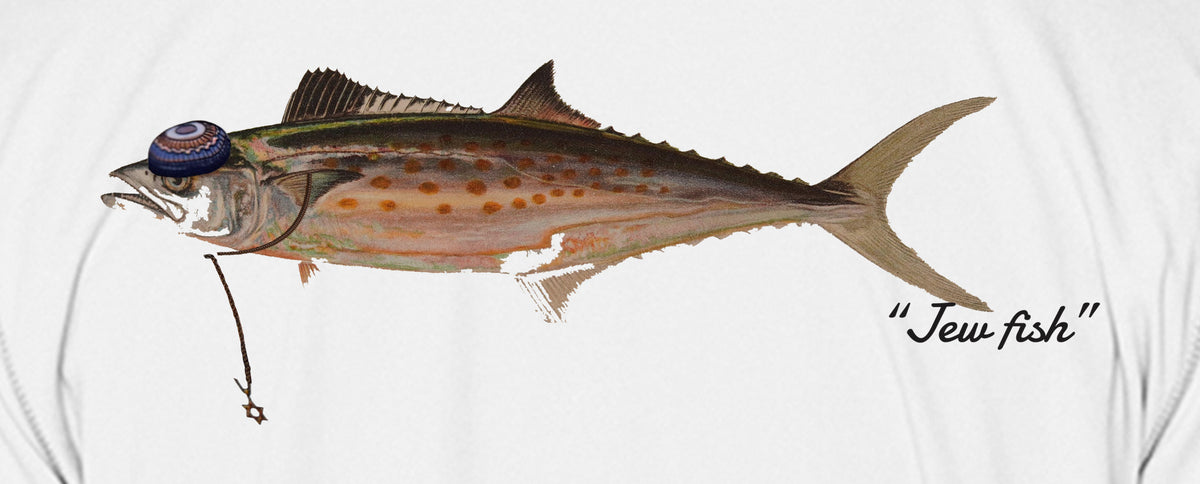 Close-up of the Spanish mackerel print on white fabric: kippah, Star of David chain, Jew fish script