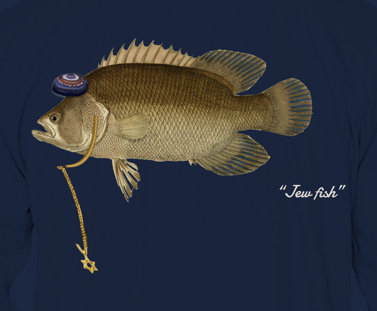 Close-up of the tripletail print on navy fabric: kippah, Star of David chain, Jew fish script