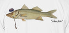 Close-up of the snook print on white fabric: kippah, Star of David chain, Jew fish script