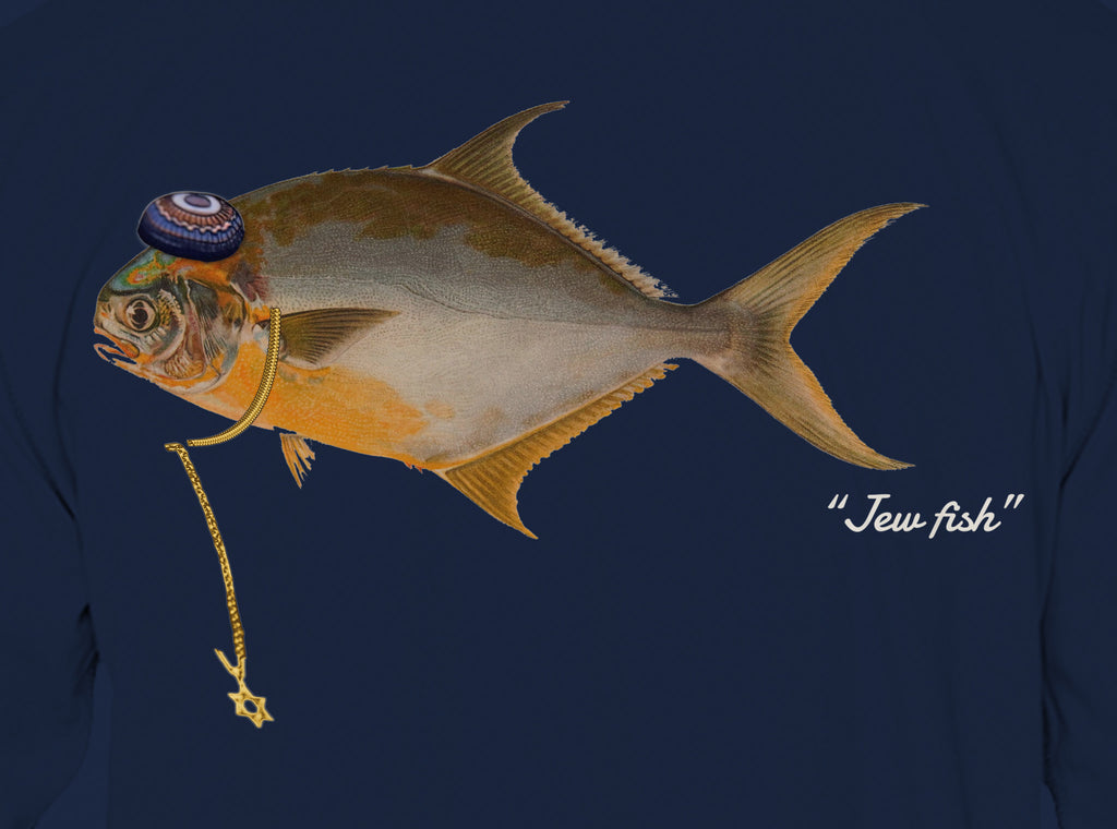 Close-up of the pompano print on navy fabric: kippah, Star of David chain, Jew fish script