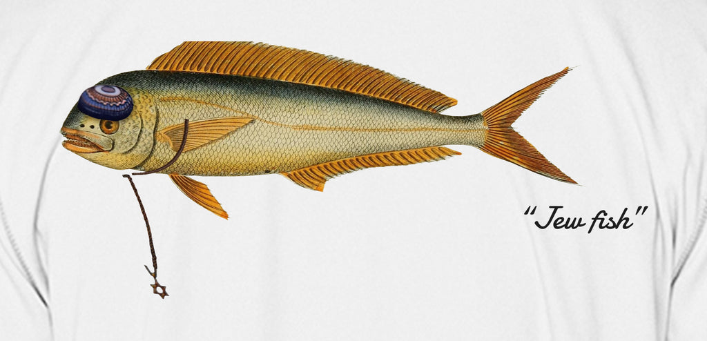 Close-up of the mahi print on white fabric: kippah, Star of David chain, Jew fish script