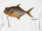 Close-up of the pompano print on white fabric: kippah, Star of David chain, Jew fish script