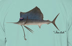 Close-up of the sailfish print on seafoam fabric: kippah, Star of David chain, Jew fish script