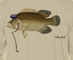 Close-up of the tripletail print on sand fabric: kippah, Star of David chain, Jew fish script