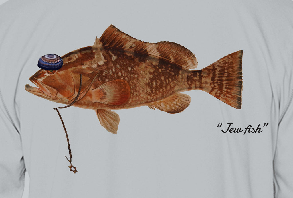 Close-up of the red grouper print on light grey fabric: kippah, Star of David chain, Jew fish script
