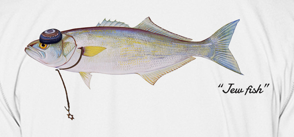 Close-up of the bluefish print on white fabric: kippah, Star of David chain, Jew fish script