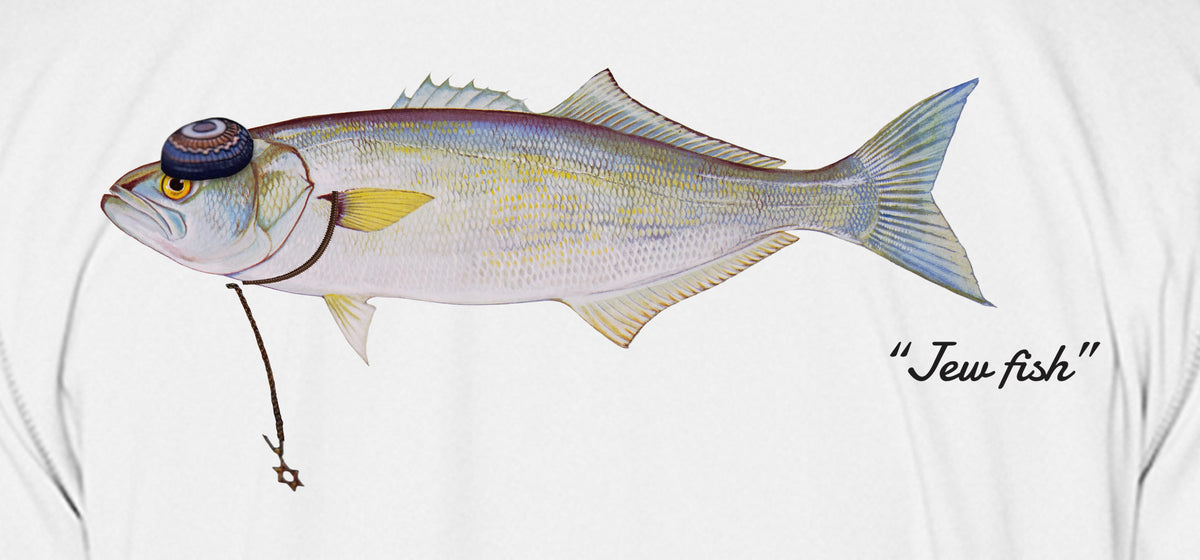 Close-up of the bluefish print on white fabric: kippah, Star of David chain, Jew fish script