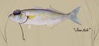 Close-up of the bluefish print on sand fabric: kippah, Star of David chain, Jew fish script