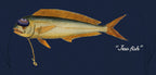 Close-up of the mahi print on navy fabric: kippah, Star of David chain, Jew fish script