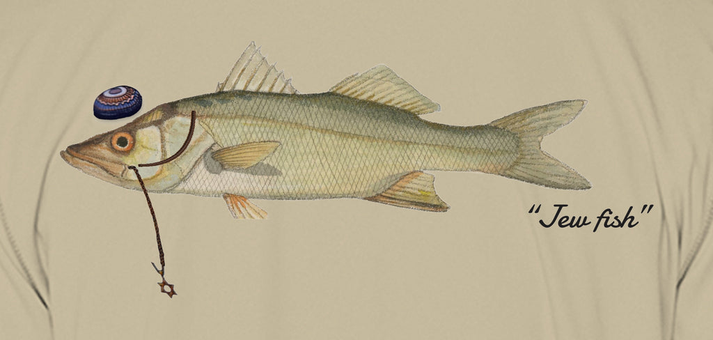 Close-up of the snook print on sand fabric: kippah, Star of David chain, Jew fish script