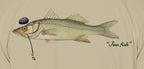 Close-up of the snook print on sand fabric: kippah, Star of David chain, Jew fish script