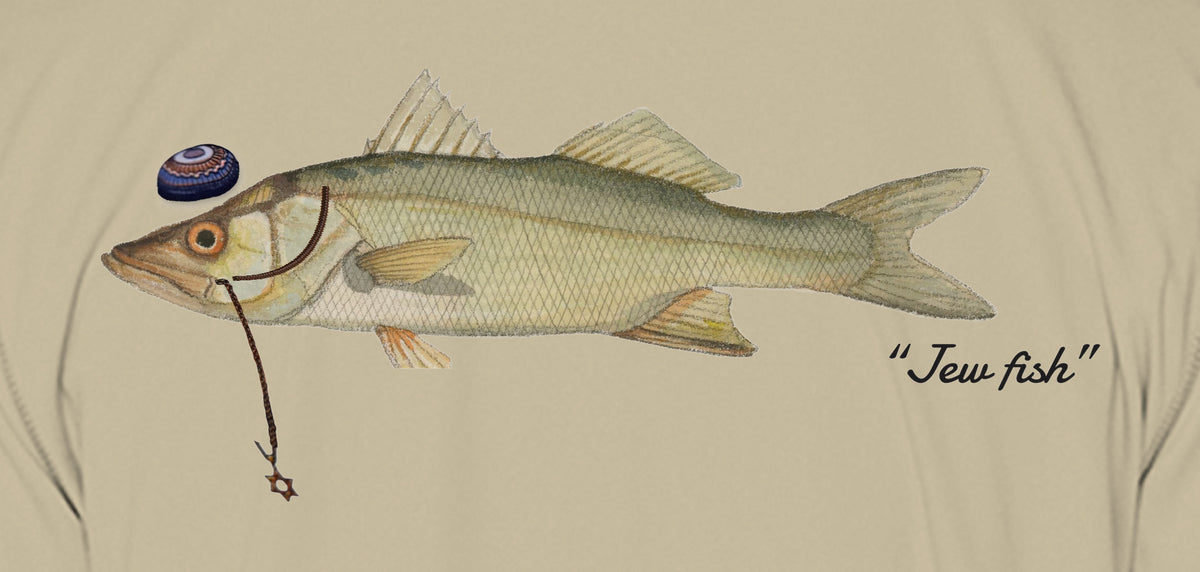 Close-up of the snook print on sand fabric: kippah, Star of David chain, Jew fish script